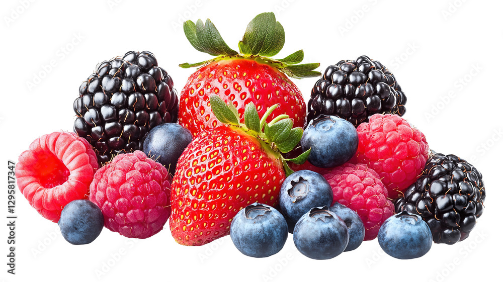 A vibrant mix of strawberries, blueberries, raspberries, and blackberries, all fresh and juicy, isolated on a transparent background A vibrant mix of strawberries, blueberries, raspberries, and blackberries, all fresh and juicy, isolated on a transparent background