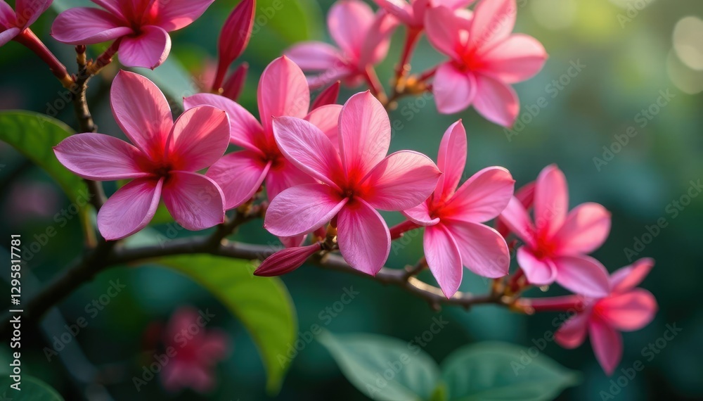 Pink Ixora tree with blooming flowers and water drips, foliage, water, flowers Pink Ixora tree with blooming flowers and water drips, foliage, water, flowers
