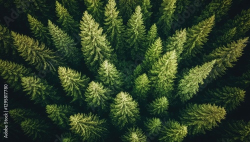 Aerial view of dense evergreen forest canopy
