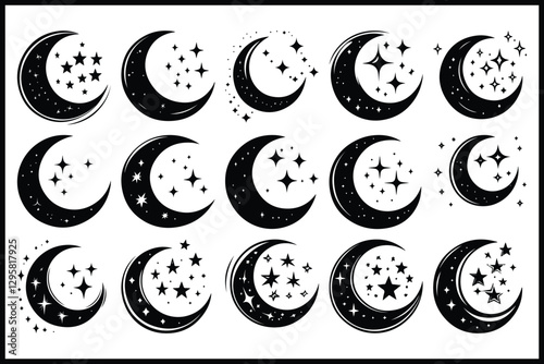 Moon & Stars Crescent Vector Clipart Set