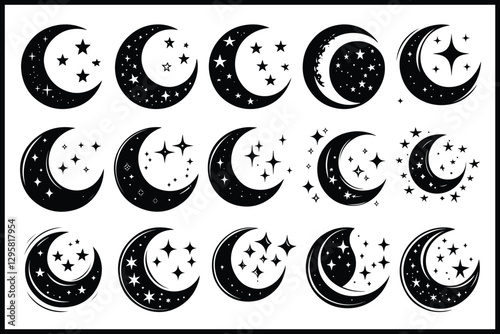 Moon & Stars Crescent Vector Clipart Set