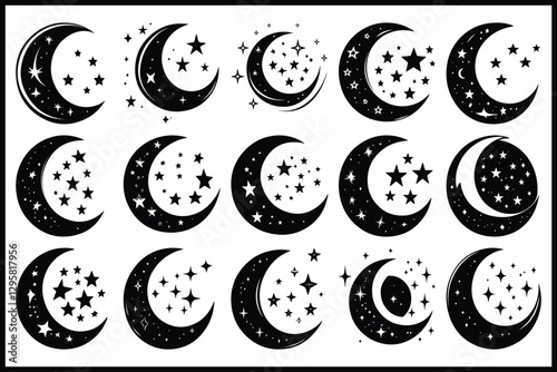 Moon & Stars Crescent Vector Clipart Set
