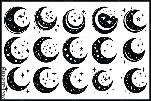 Moon & Stars Crescent Vector Clipart Set