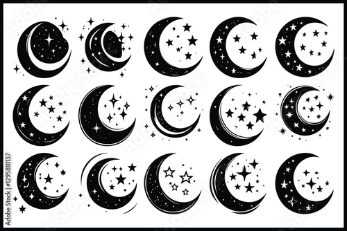 Moon & Stars Crescent Vector Clipart Set
