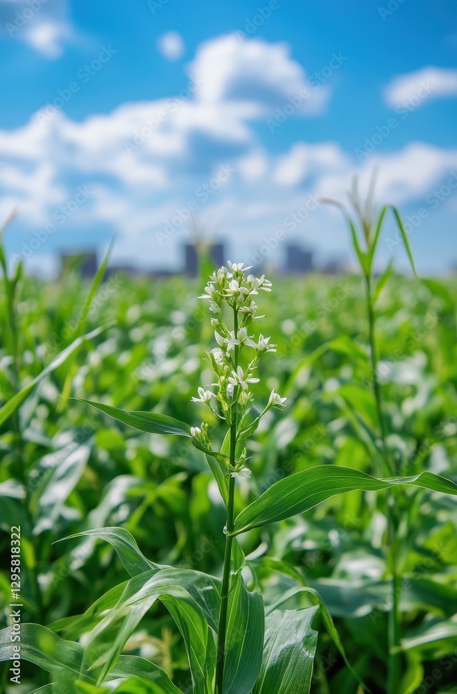 Beautiful Green Corn Field with Bright Blue Sky and Fluffy Clouds in the Background, Capturing Nature's Vibrancy and Agricultural Life in Urban Environment Beautiful Green Corn Field with Bright Blue Sky and Fluffy Clouds in the Background, Capturing Nature's Vibrancy and Agricultural Life in Urban Environment