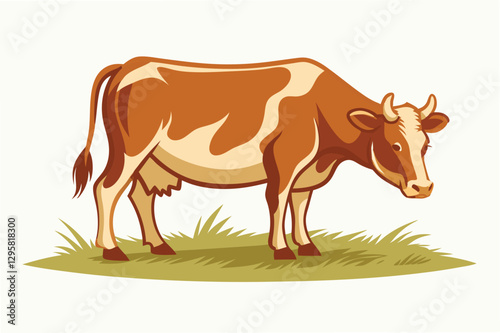 Vector illustration of a brown cow grazing in a green field under a clear sky with soft clouds