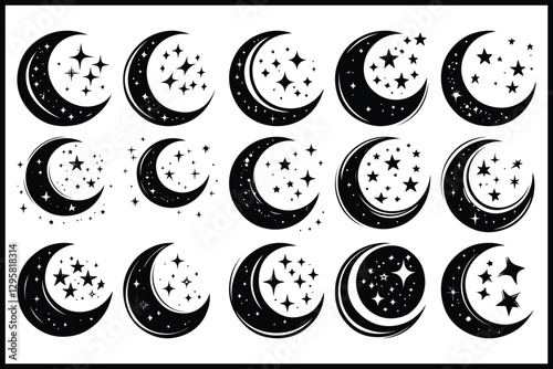 Moon & Stars Crescent Vector Clipart Set