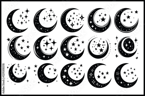 Moon & Stars Crescent Vector Clipart Set