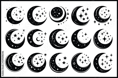 Moon & Stars Crescent Vector Clipart Set