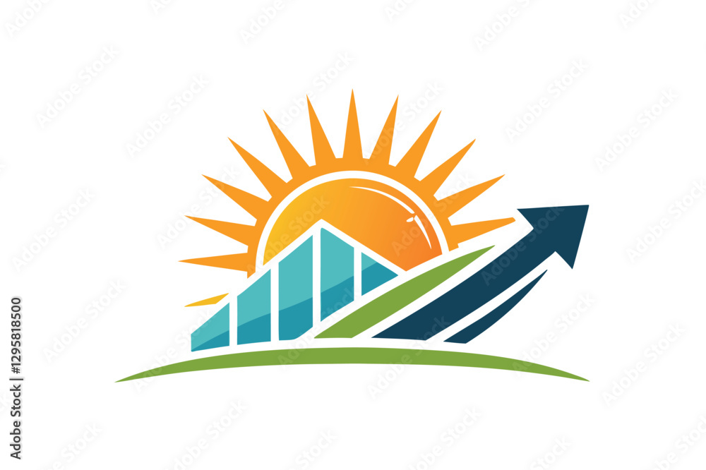 Fototapeta premium Modern vector illustration showcasing sun, mountains, and flowing water with nature-inspired colors representing a sustainable company