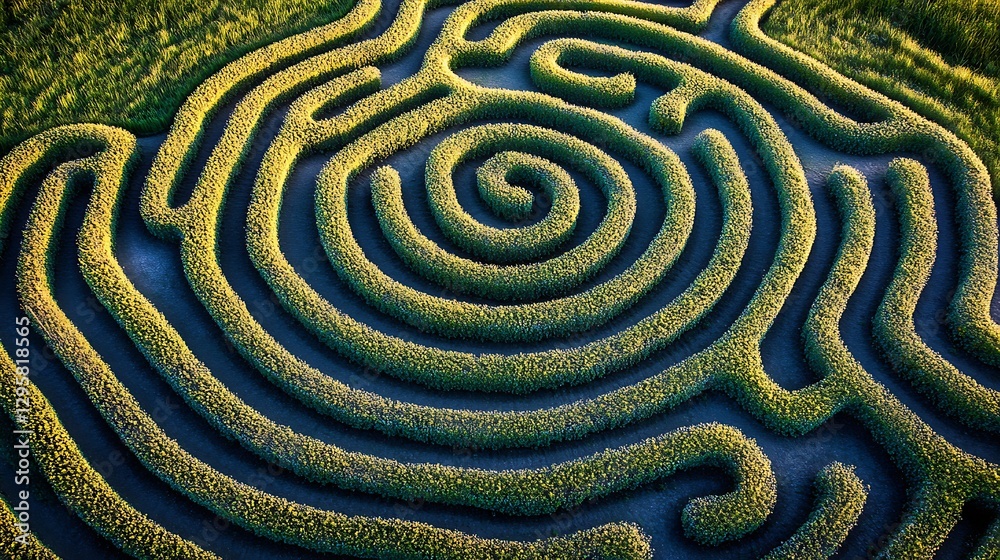 Aerial view spiral maze field sunset Aerial view spiral maze field sunset