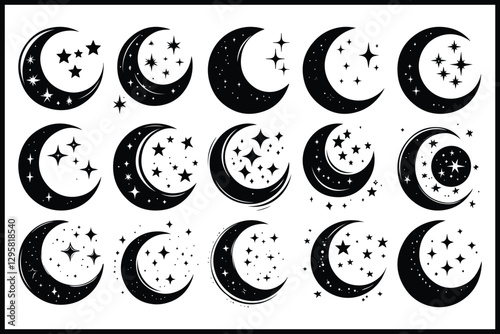 Moon & Stars Crescent Vector Clipart Set