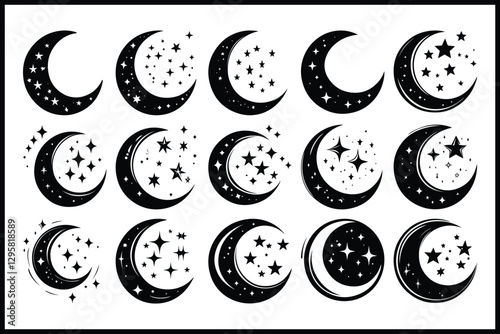 Moon & Stars Crescent Vector Clipart Set
