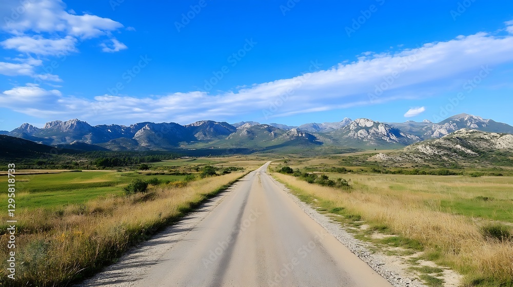 Scenic Dirt Road Leading into Majestic Mountains Under Clear Blue Sky : Generative AI Scenic Dirt Road Leading into Majestic Mountains Under Clear Blue Sky : Generative AI