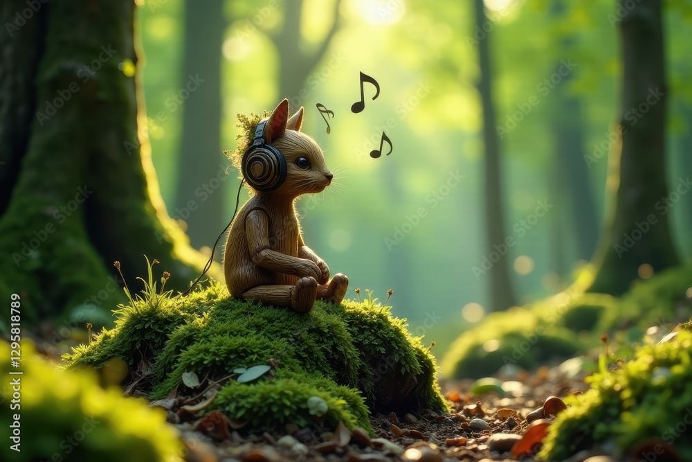 Fototapeta premium A whimsical wooden creature, adorned with headphones, sits serenely amidst a sun-dappled mossy forest, listening to the enchanting melodies of nature.