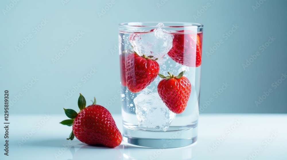 Refreshing Summer Drink with Strawberries and Ice Cubes in a Glass Refreshing Summer Drink with Strawberries and Ice Cubes in a Glass