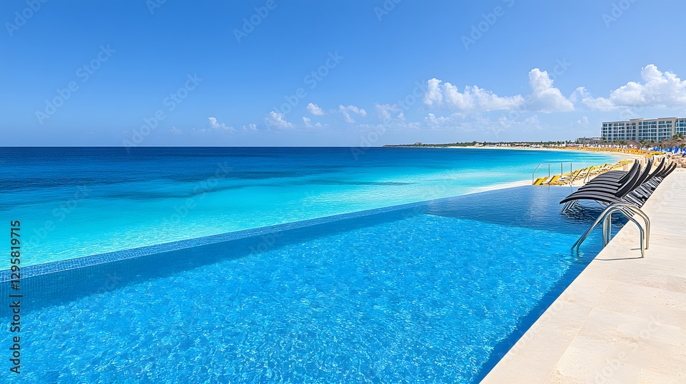 Serene beachfront view with a stunning infinity pool and vibrant ocean waves under clear skies Serene beachfront view with a stunning infinity pool and vibrant ocean waves under clear skies