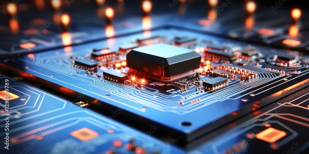 Abstract circuit board background with glowing light trails and bokeh lights. Abstract circuit board background with glowing light trails and bokeh lights.
