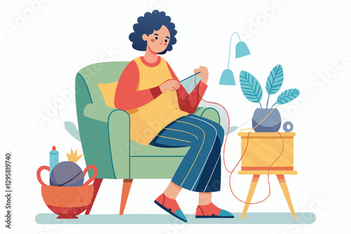 Person knitting in a cozy living room surrounded by houseplants, soft lighting, and decorative elements during a tranquil afternoon at home