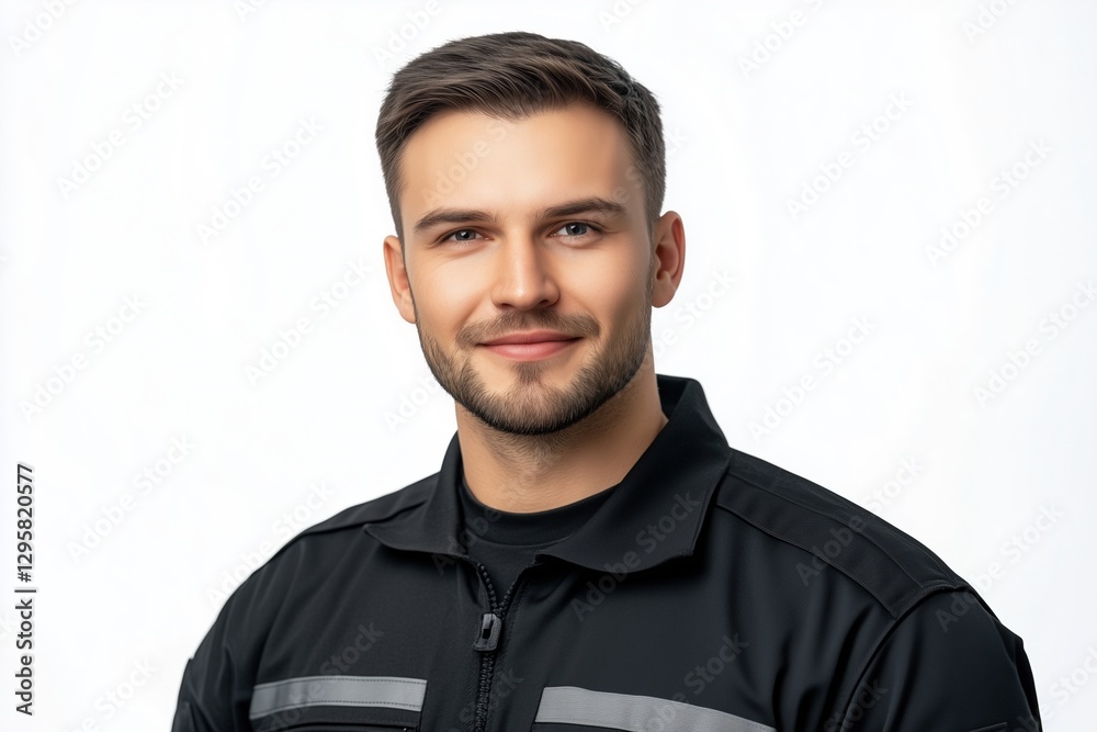 Obraz premium Smiling young man in black work uniform with neatly groomed beard. Confident and approachable. Professional and reliable.