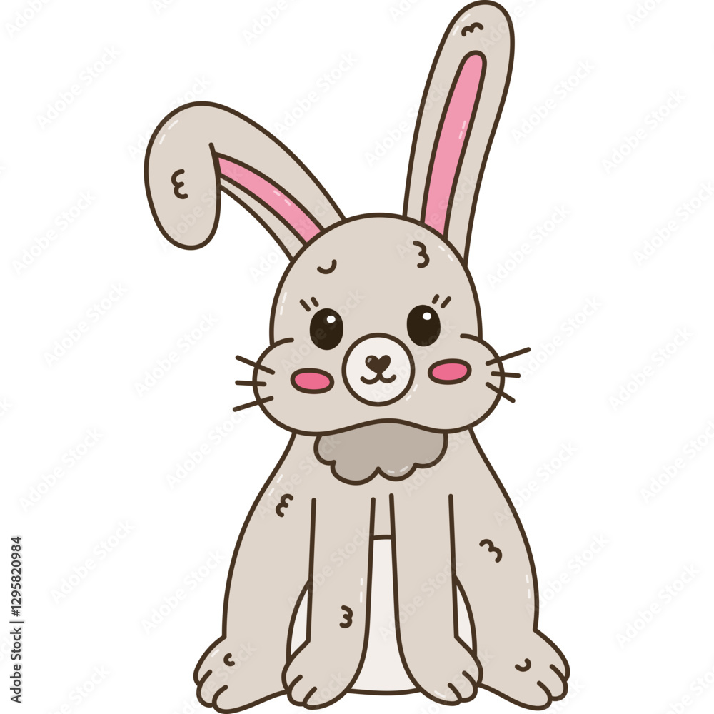 Obraz premium Lovely Easter bunny doodle with bent down ear smiling. Childish hand drawn furry rabbit as symbol of Easter egg hunt at traditional spring holiday. Spring sticker for print, graphic design, media.