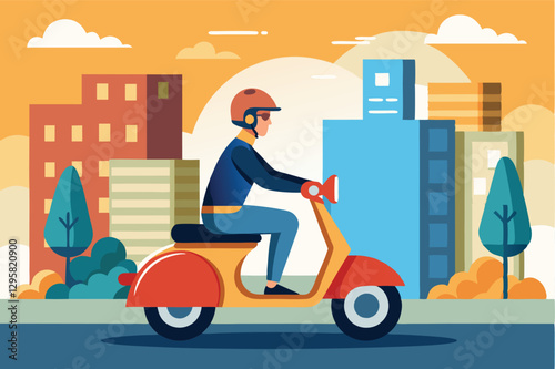 Vector illustration of a person riding an electric scooter through a city park on a sunny day, showcasing urban transport and leisure activities
