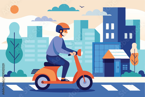 Vector illustration of a person riding an electric scooter through a city park on a sunny day, showcasing urban transport and leisure activities