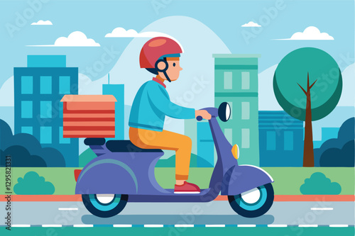 Vector illustration of a person riding an electric scooter through a city park on a sunny day, showcasing urban transport and leisure activities