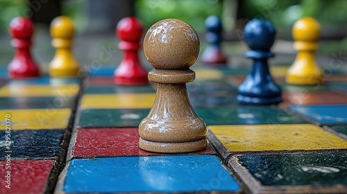 Colorful board game pieces on an outdoor chessboard set in a park during daytime fun. Generative AI