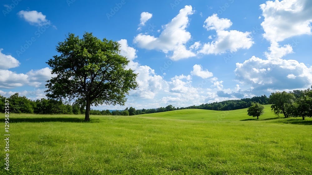 Fototapeta premium Lush Green Meadow with a Single Tree and Beautiful Cloudy Sky : Generative AI