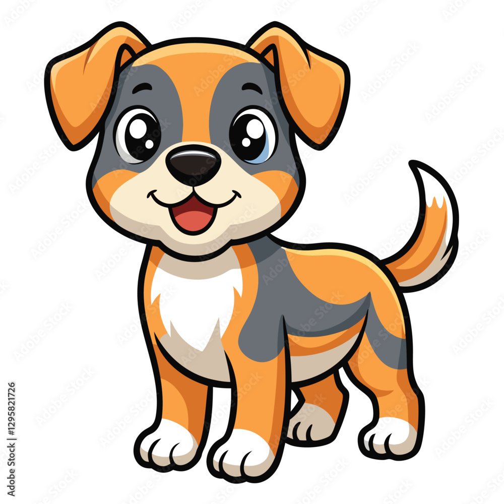 Cute cartoon dog standing happily in a playful pose with a friendly expression, featuring orange and gray fur with a white chest and paws Cute cartoon dog standing happily in a playful pose with a friendly expression, featuring orange and gray fur with a white chest and paws