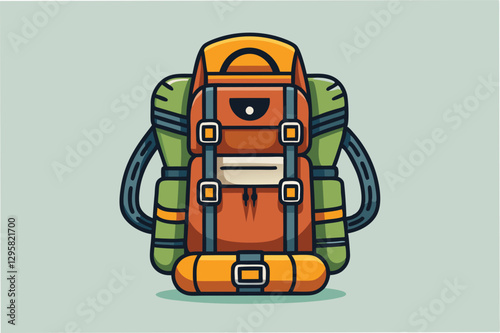Backpack designed for outdoor adventures with vibrant colors and minimalistic vector style for camping enthusiasts