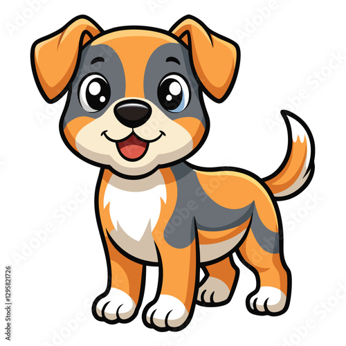 Cute cartoon dog standing happily in a playful pose with a friendly expression, featuring orange and gray fur with a white chest and paws