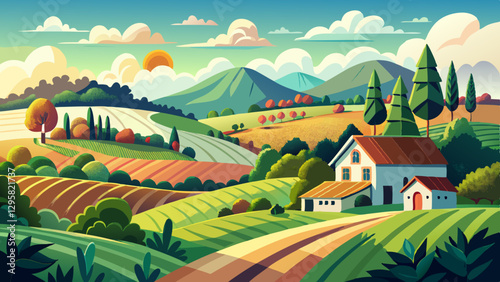 Tranquil countryside landscape with rolling hills and farm fields, cut out