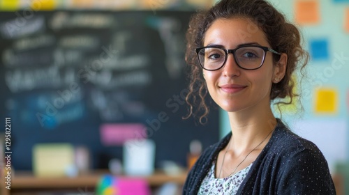 Smiling young woman with curly hair and glasses posing in front of a classroom blackboard filled with educational notes and colorful sticky notes