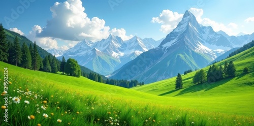 Lush green alpine pasture, snow-capped peaks in the background , beautiful, scenic