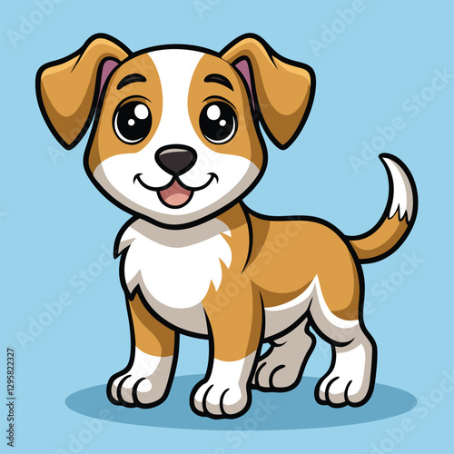 Cute cartoon dog standing happily in a playful pose with a friendly expression, featuring orange and gray fur with a white chest and paws