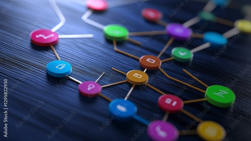 Fototapeta premium Abstract Network Visualization Colorful Nodes and Connecting Lines on Dark Blue Background