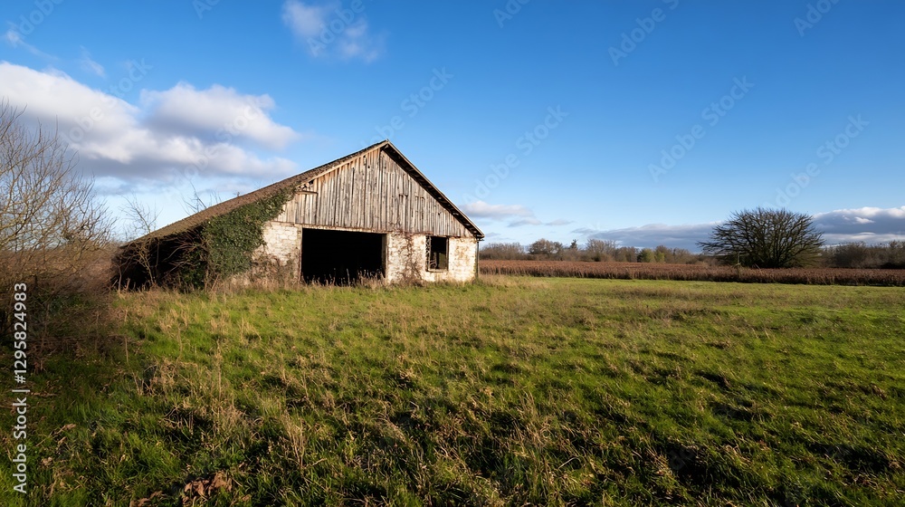 Abandoned Rustic Barn in a Vast Open Field Under a Clear Sky : Generative AI Abandoned Rustic Barn in a Vast Open Field Under a Clear Sky : Generative AI