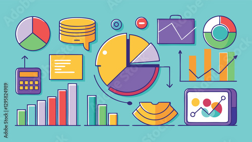 Colorful vector illustration featuring various data visualizations and analytics tools on a bright background suitable for presentations and reports