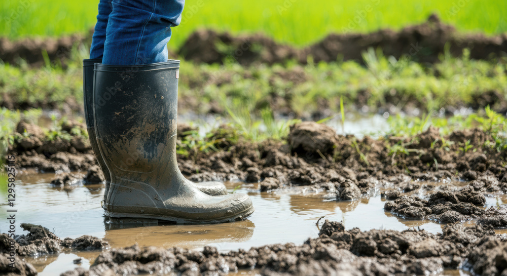 Farmer standing in muddy field wearing rubber boots amid growing crops in bright daylight Farmer standing in muddy field wearing rubber boots amid growing crops in bright daylight