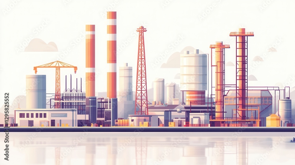 Obraz premium Modern Industrial Complex Featuring Smokestacks, Towers, and Machinery with a Calm Water Reflection in a Minimalist Art Style
