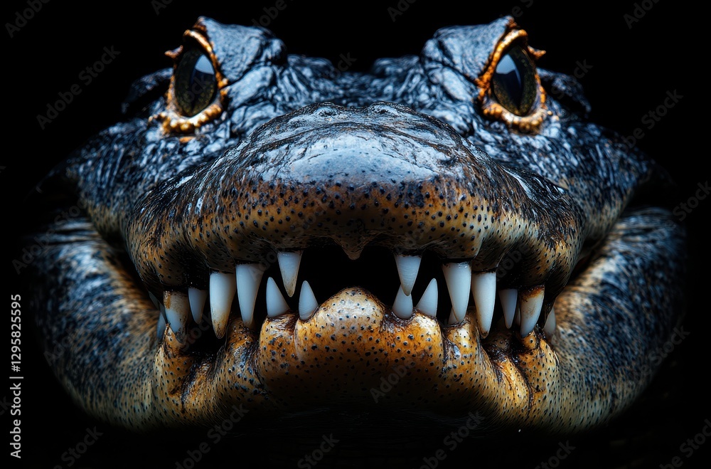 Obraz premium Captivating Close-Up of a Powerful Alligator Displaying its Sharp Teeth and Intriguing Eyes Against a Dark Background