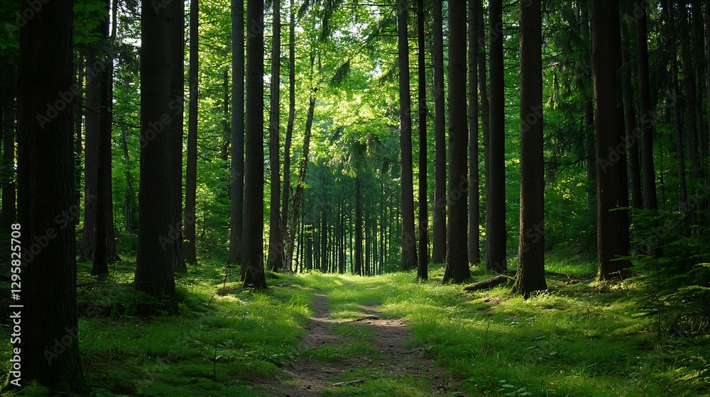 Obraz premium Lush green forest path bathed in sunlight with tall trees creating a canopy : Generative AI