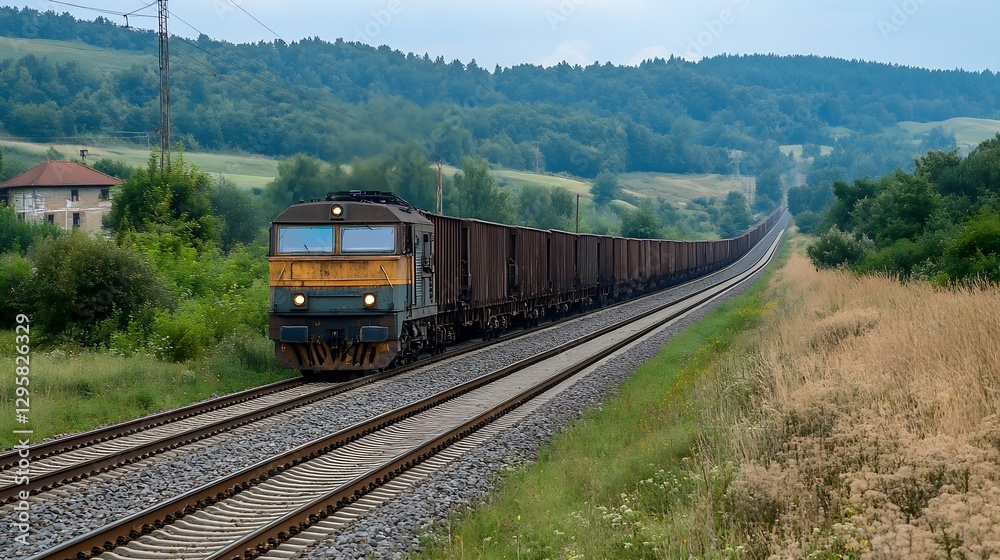 Freight train carrying cargo through lush green landscape and rolling hills on a cloudy day : Generative AI Freight train carrying cargo through lush green landscape and rolling hills on a cloudy day : Generative AI