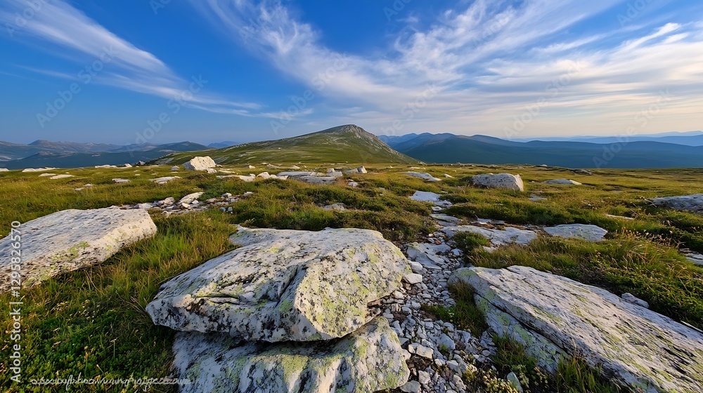 Dramatic mountain view with expansive sky and unique stone foreground : Generative AI Dramatic mountain view with expansive sky and unique stone foreground : Generative AI