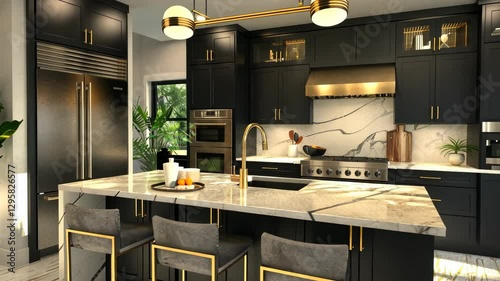 This kitchen features sleek black cabinetry, gold accents, stylish appliances, and a large island perfect for gatherings