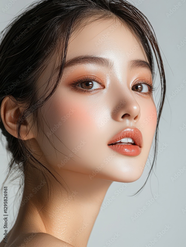 Naklejka premium Asian woman with a beautiful face with radiant and healthy skin wearing a light for advertising a beauty clinic