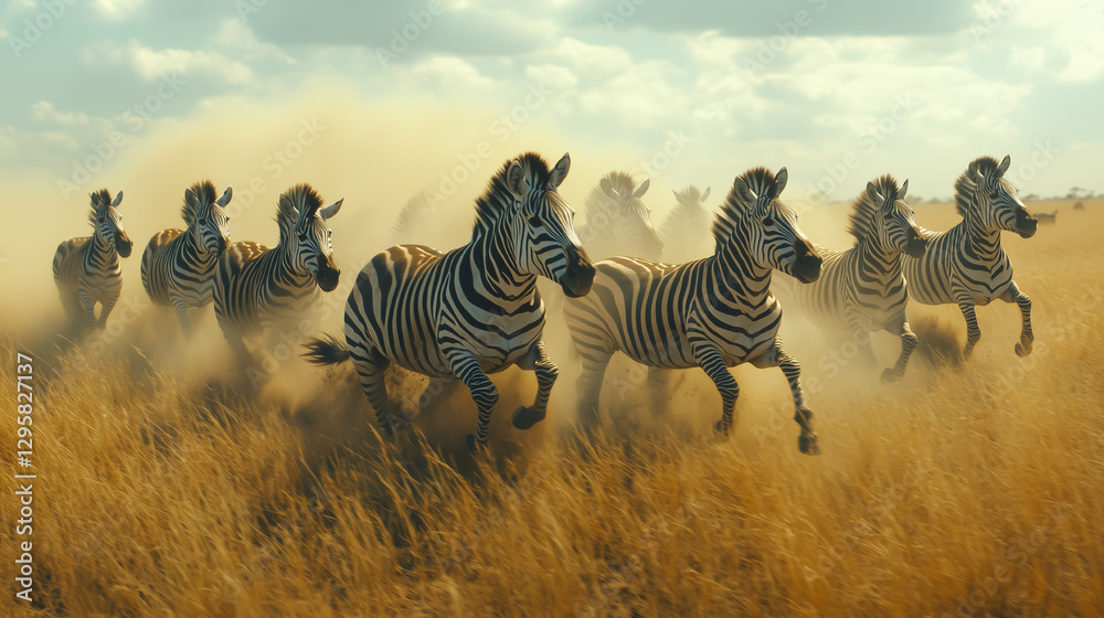 Fototapeta premium Zebras running through golden grassland as dust swirls around them in an African savanna during a late afternoon