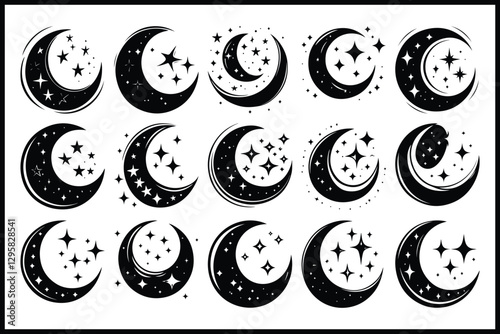 Moon & Stars Crescent Vector Clipart Set